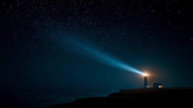 A lighthouse illuminating a vast starlit ocean horizon, cinematic realism, - Powered by Adobe