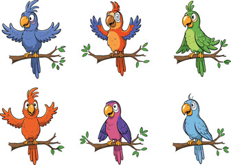 Obraz premium Colorful cartoon parrots perched on branches, tropical bird vector illustration set, exotic wildlife art for children, jungle nature design