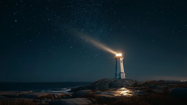 A lighthouse illuminating a vast starlit ocean horizon, cinematic realism,  - Powered by Adobe
