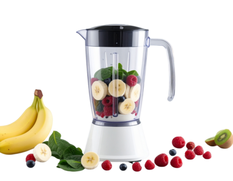 Smoothie Preparation with Blender and Fresh Fruits, Side Angle, isolated