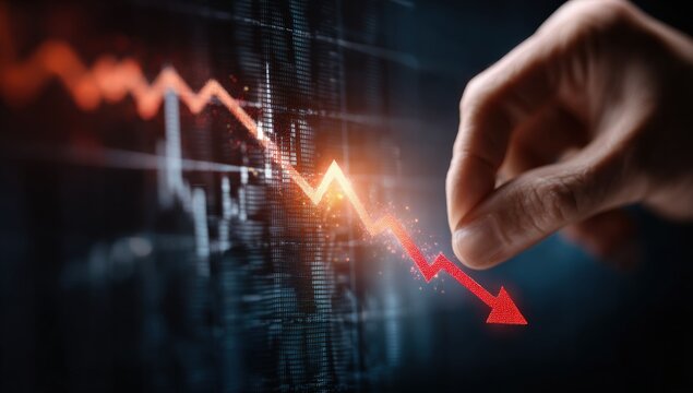 A hand interacts with a downward trending graph on a computer screen