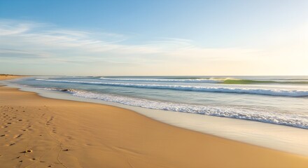 Golden hour waves crash on serene sandy beach, creating a tranquil coastal escape.