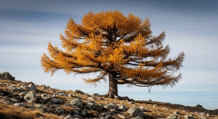 Lone golden pine in rocky autumn landscape under overcast sky