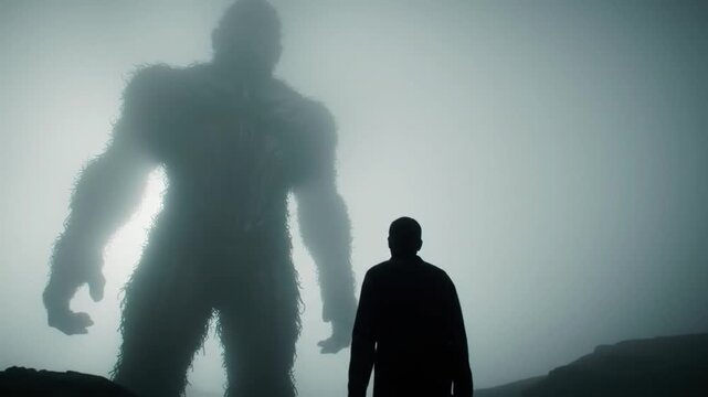 Man confronts hulking figure in mist