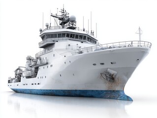 Obraz premium A detailed view of a large, light gray vessel, exhibiting a modern design, with a dark blue hull line and subtle signs of weathering, set against a pristine white backdrop.