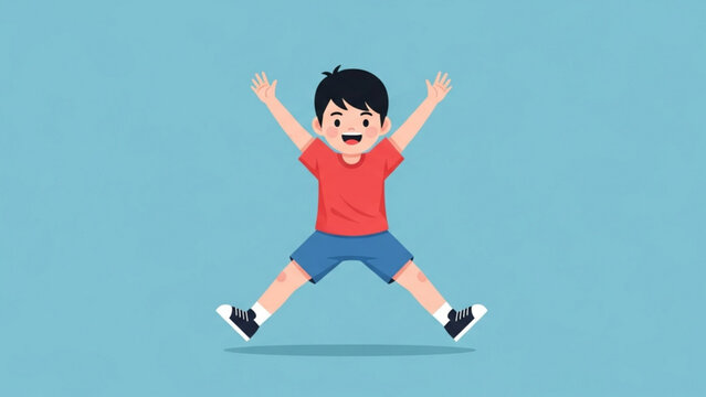 Smiling boy jumping with joy against a blue backdrop, expressing happiness and boundless energy in a playful and carefree manner.