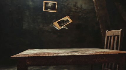 Eerie Attic Ambience: Floating Memories Above a Weathered Wooden Table Scene