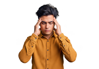Man experiencing headache touching his temples with closed eyes and worried expression transparent background