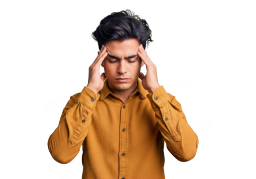 Man experiencing headache touching his temples with closed eyes and worried expression transparent background