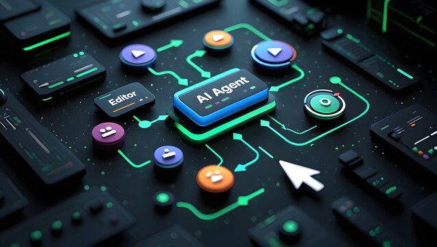 AI workflow automation artificial intelligence software interface nodes triggers data tool dashboard coding icon flow process technology 3d rendering.