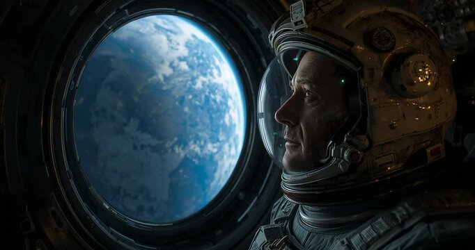 Clip start showing astronaut turning head at cabin window, observing Earth below, copy space