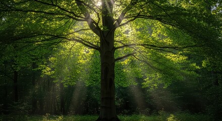Obraz premium Sunlight filtering through lush green tree canopy in serene forest