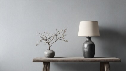 Simple, muted tones; a small, potted branch, and a table lamp sit on a rustic wooden table against a pale wall