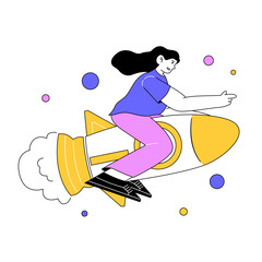 Minimalist Line Art Woman Riding a Rocket Towards Success Illustration