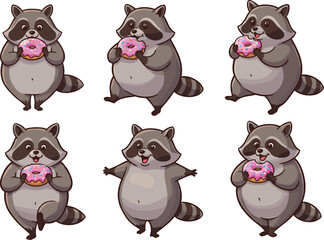 Cute cartoon raccoon character holding pink frosted donut with sprinkles, playful animal mascot illustration for kids, bakery, dessert, food design