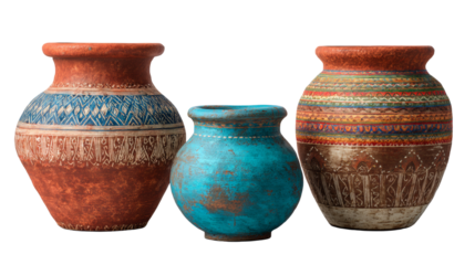Artistic pottery composition with textured designs and vibrant earth tone color palette on an