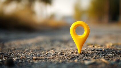 A bright yellow map marker on a gravel road, sunlit