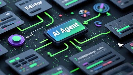 AI workflow automation artificial intelligence software interface nodes triggers data tool dashboard coding icon flow process technology 3d rendering.