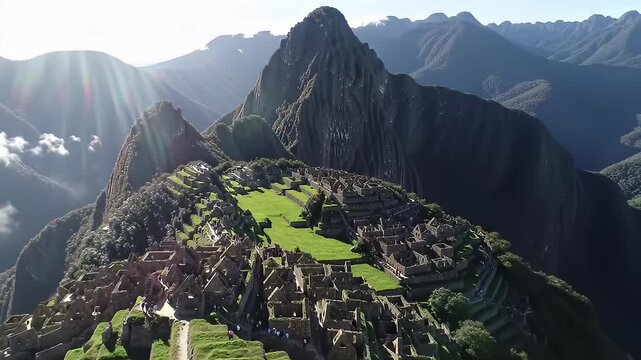 Machu Picchu Sunrise: A Panoramic View of Ancient Inca Ruins in the Andes Mountains of Peru.  The sunbeams illuminate the stone structures and green