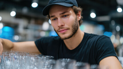 A meticulous staff member is carefully arranging glasses in a systematic manner, emphasizing the attention to detail in providing an enjoyable experience for patrons.