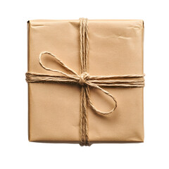 Elegant Brown Gift Box with Twine Ribbon Isolated on White Background