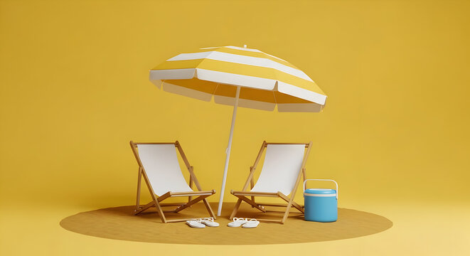 Stylized summer beach scene with beach chairs, umbrella and cooler in yellow shades, evocative of