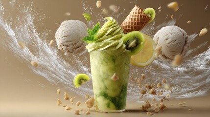 A realistic advertising photograph of green kiwi ice cream with mint, smoothie, and lemon slices, floating around the glass cup, kiwifruit pieces, and a cone on top, creating an explosion effect.