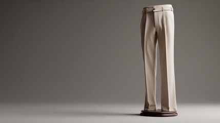 Cream-colored trousers stand on a base against a grey backdrop