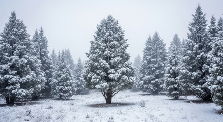 Fototapeta premium Snow-covered pine trees in tranquil winter forest landscape