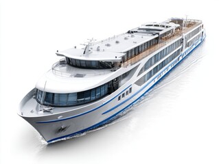 A modern river cruise ship glides across placid waters, showcasing a sleek design and spacious decks.