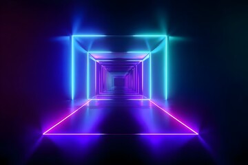 3D render, abstract neon background with glowing square shapes in blue, purple, and green colors, illuminated geometric figure on a dark backdrop,
