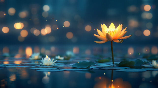 A serene scene of lotus flowers blooming on a tranquil pond under a soft glowing bokeh background
