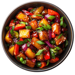 Bowl of delicious stirfried eggplant with colorful bell peppers onions and sesame seeds a tasty and healthy asian cuisine meal served in a dark bowl on transparent background