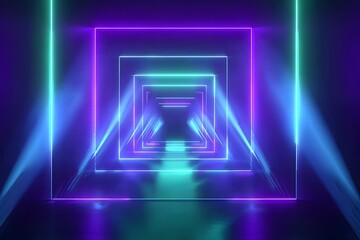 3D render, abstract neon background with glowing square shapes in blue, purple, and green colors, illuminated geometric figure on a dark backdrop,