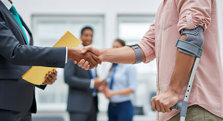 Businessman shaking hands with injured employee in office meeting