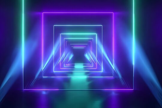 3D render, abstract neon background with glowing square shapes in blue, purple, and green colors, illuminated geometric figure on a dark backdrop,
