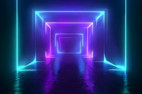 3D render, abstract neon background with glowing square shapes in blue, purple, and green colors, illuminated geometric figure on a dark backdrop,