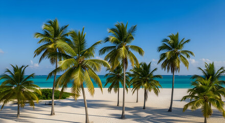Obraz premium Idyllic tropical beach with palm trees and turquoise sea, a perfect caribbean escape for