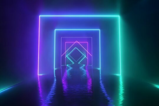 3D render, abstract neon background with glowing square shapes in blue, purple, and green colors, illuminated geometric figure on a dark backdrop,