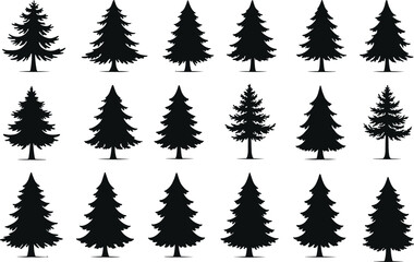 Set of pine tree silhouette vector illustrations for forest landscape, nature design, evergreen icon, winter outdoor elements, and decorations.
