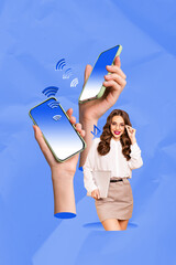 Zine trendy vertical pop photo collage of happy businessman businesswoman stand phone wireless 5g...