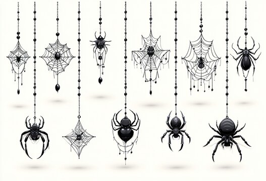 Black spiders and webs hanging on strings