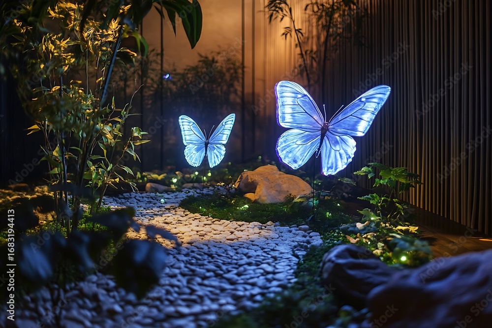 Poster a tranquil zen setting where luminous butterflies made of light float gracefully