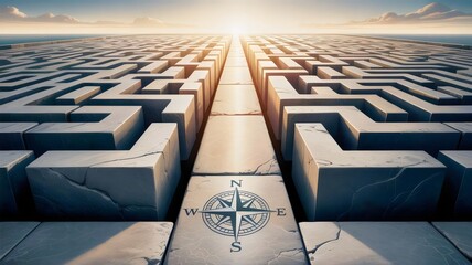 Obraz premium Surreal stone labyrinth transforming into golden light pathway illustration