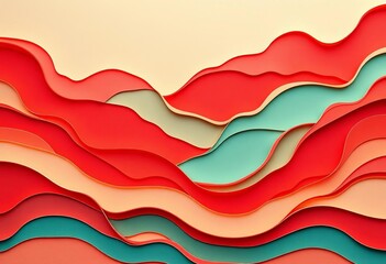Layered abstract waves in warm red, teal & cream, paper-cut style terrain, simple, abstract