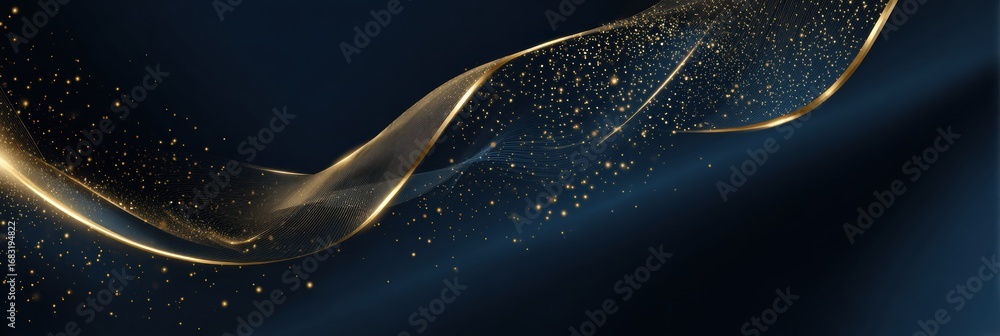 Poster soft golden waves flow gracefully across a dark backdrop, illuminated by glimmering particles that e