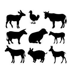 Farm animal silhouette set. Farming animals, sheep, rabbits, pigs, cows and hen. Isolated silhouette icon vector collection