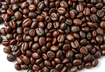 Fototapeta premium Dark roasted coffee beans, rich aroma, isolated, food, morning