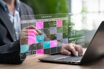 Monthly Calendar Schedule Management Concept, Businessman Planning Work Agenda, Budgeting and Financial Strategy, Income and Expense Tracking, Payroll Management, Training Plan, Corporate Productivity