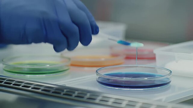 Scientist Pipetting Blue Liquid into Petri Dish Laboratory Research